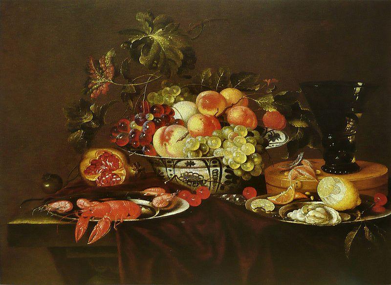 Joris van Son Crustaces  huitre et coupe de fruits avec un verre oil painting image